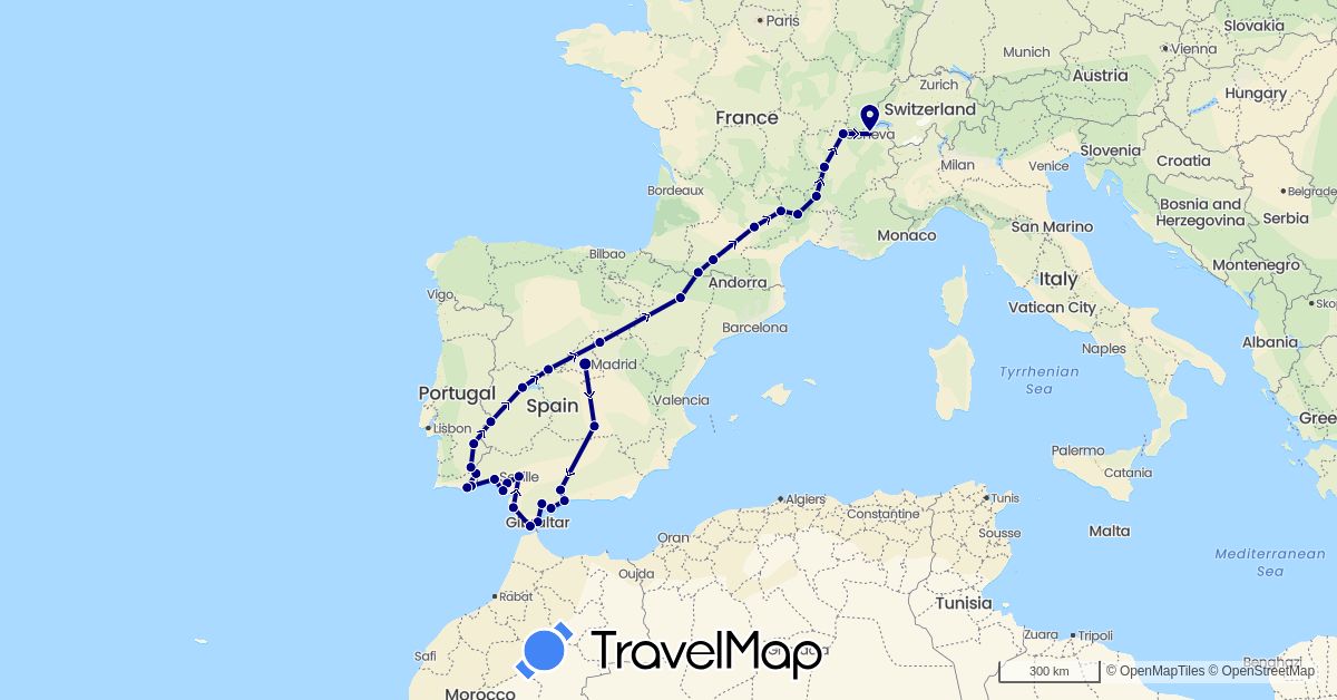 TravelMap itinerary: driving in Switzerland, Spain, France, Gibraltar, Portugal (Europe)